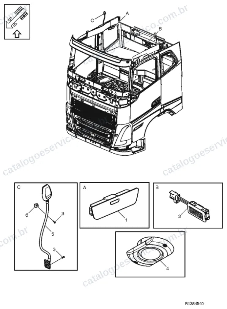 Vista explodida – sistema elétrico, iluminação e instrumentos – Catálogo de Peças Volvo FM11B42R (FM4)