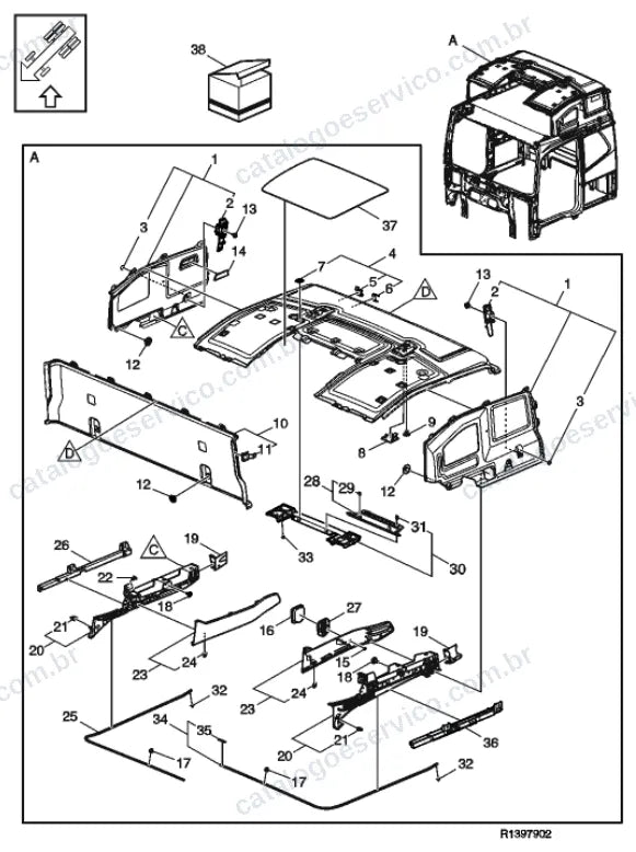 Vista explodida – carroceria, cabina e interior – Catálogo de Peças Volvo FM11B62T (FM4)