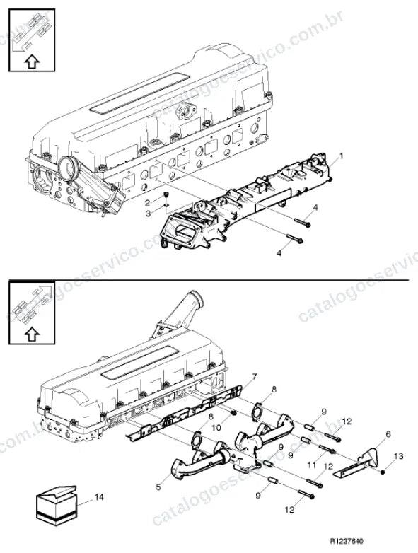Vista explodida – motor com suporte ou coxim e equipamento – Catálogo de Peças Volvo FM11B64T (FM4)