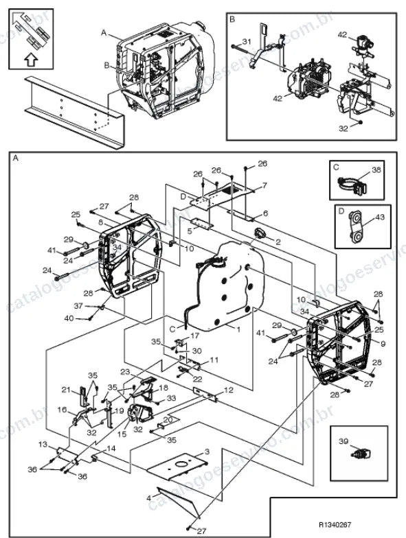 Vista explodida – motor com suporte ou coxim e equipamento – Catálogo de Peças Volvo FM11B82R (FM4)