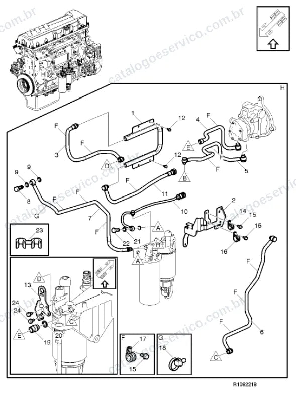 Vista explodida – motor com suporte ou coxim e equipamento – Catálogo de Peças Volvo FM13A84R (FM4)