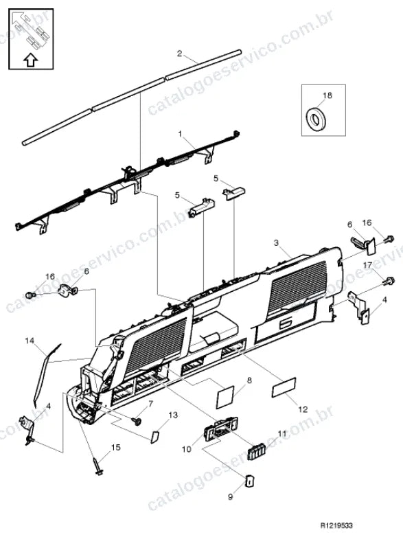 Vista explodida – carroceria, cabina e interior – Catálogo de Peças Volvo FM13A84R (FM4)