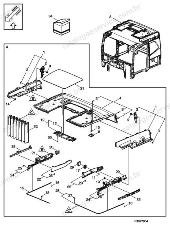 Vista explodida – carroceria, cabina e interior – Catálogo de Peças Volvo FM4 370