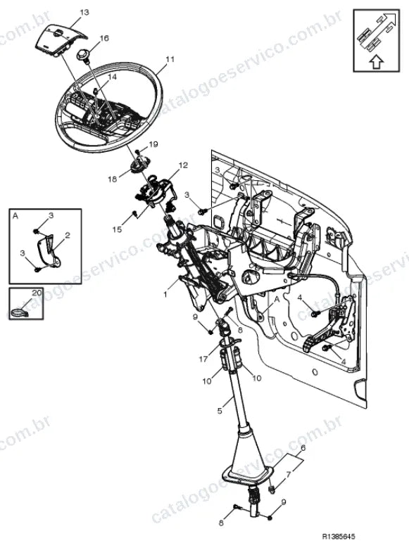 Vista explodida – suspensão das rodas e direção – Catálogo de Peças Volvo FM4 420
