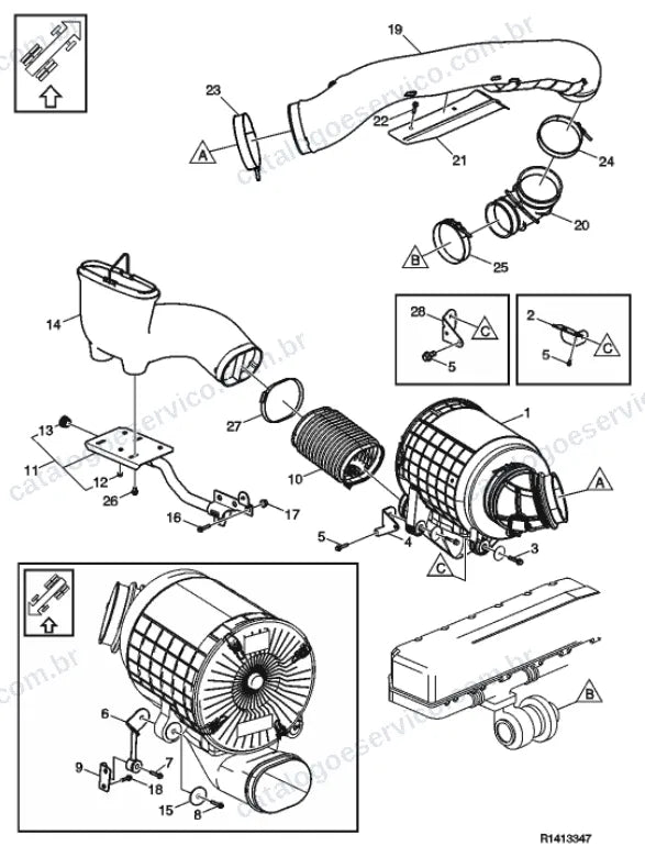 Vista explodida – motor com suporte ou coxim e equipamento – Catálogo de Peças Volvo FM4 480
