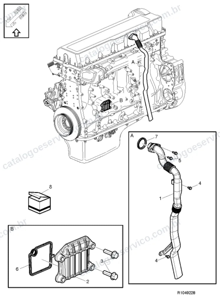 Vista explodida – motor com suporte ou coxim e equipamento – Catálogo de Peças Volvo FM4 520