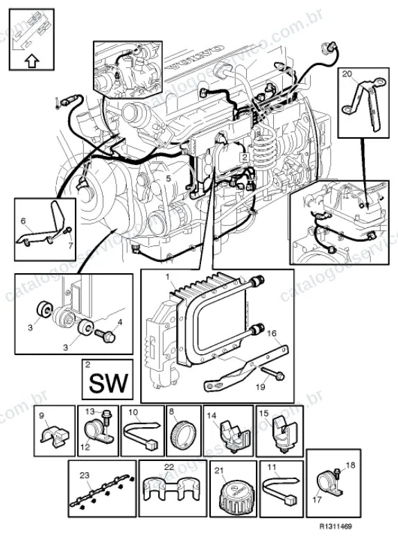 Vista explodida – motor com suporte ou coxim e equipamento – Catálogo de Peças Volvo FM9 64R