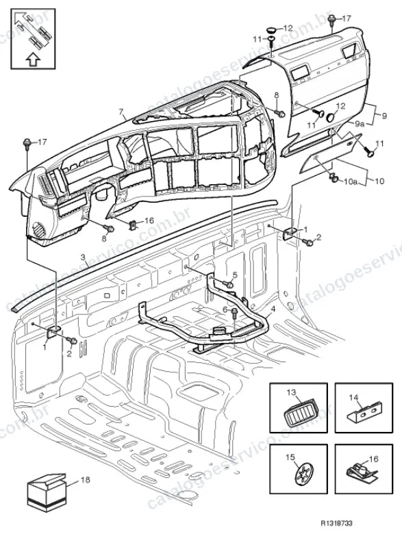 Vista explodida – carroceria, cabina e interior – Catálogo de Peças Volvo FM9 84R