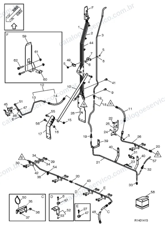 Vista explodida – motor com suporte ou coxim e equipamento – Catálogo de Peças Volvo FML3A42R (FM4)