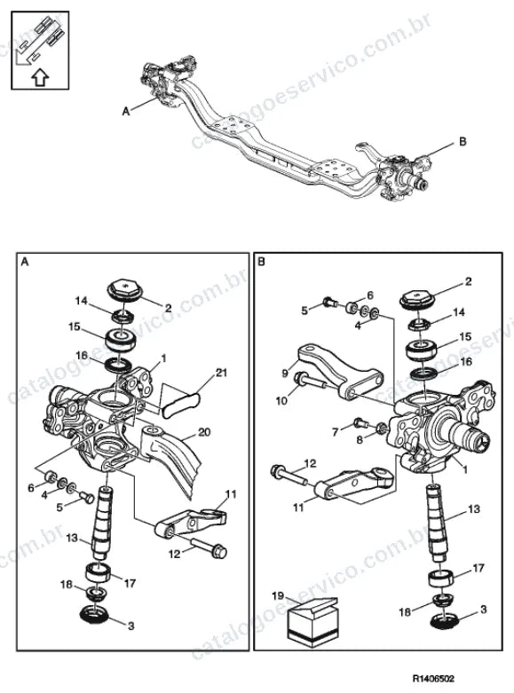 Vista explodida – suspensão das rodas e direção – Catálogo de Peças Volvo FML3A62R (FM4)