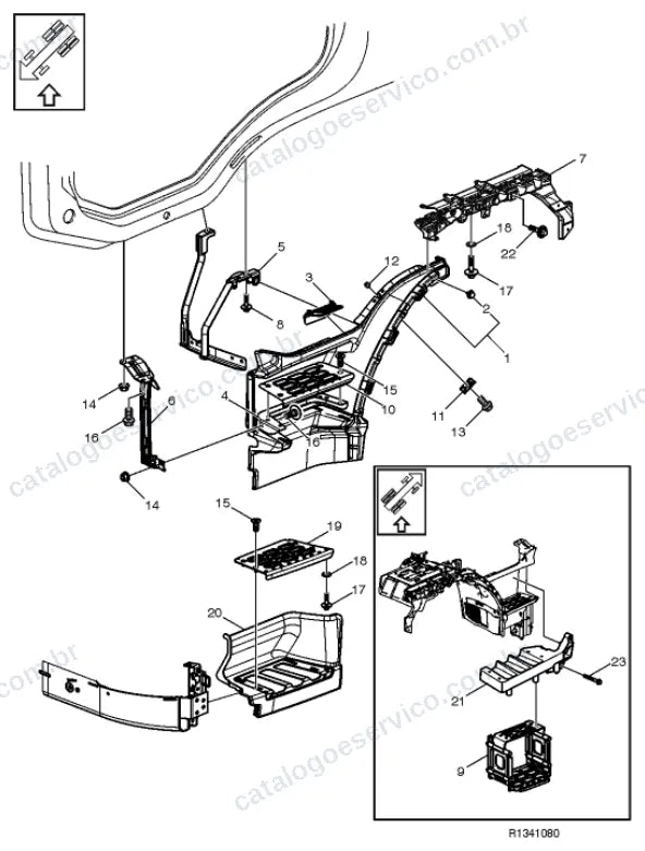Vista explodida – carroceria, cabina e interior – Catálogo de Peças Volvo FML3A62R (FM4)
