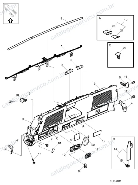 Vista explodida – carroceria, cabina e interior – Catálogo de Peças Volvo FML3A62T (FM4)