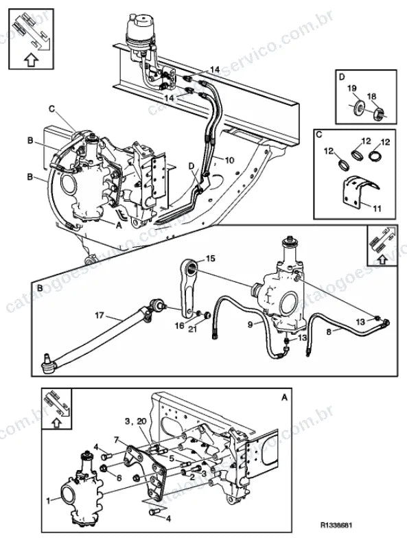 Vista explodida – suspensão das rodas e direção – Catálogo de Peças Volvo FML3B62T (FM4)