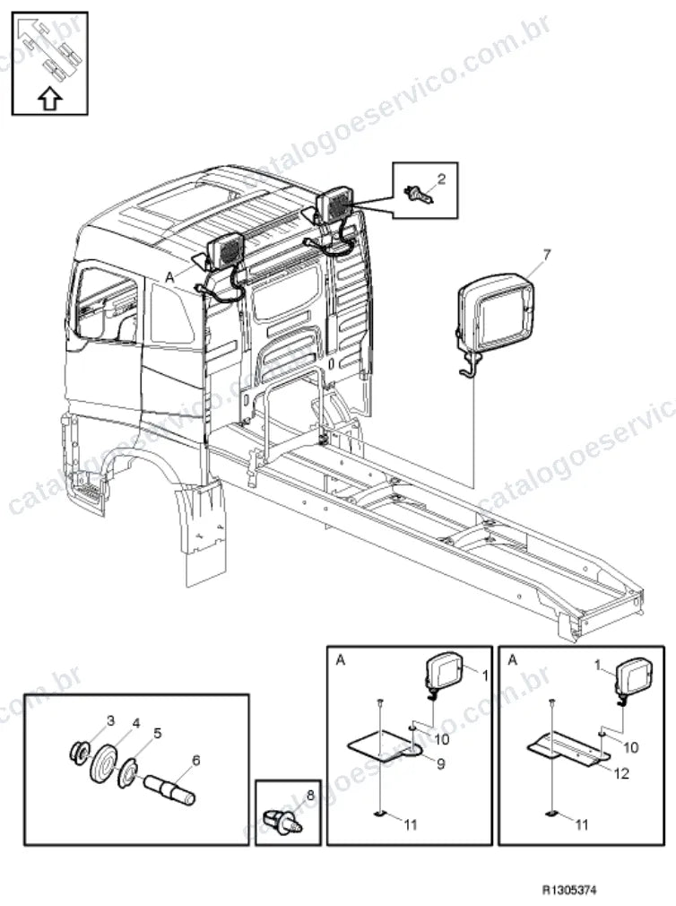 Vista explodida – sistema elétrico, iluminação e instrumentos – Catálogo de Peças Volvo FMX1162R