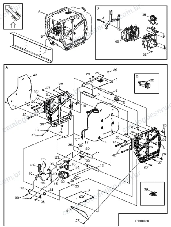 Vista explodida – motor com suporte ou coxim e equipamento – Catálogo de Peças Volvo FMX1164R