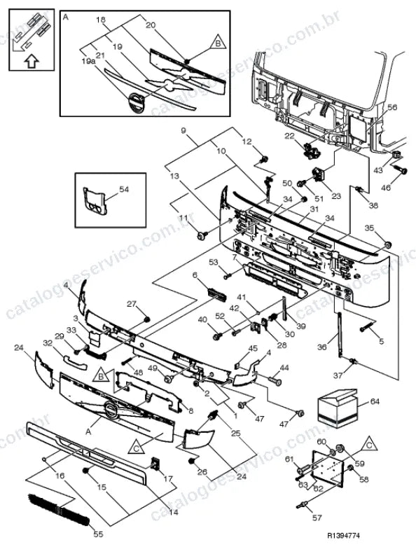 Vista explodida – carroceria, cabina e interior – Catálogo de Peças Volvo FMX1166R