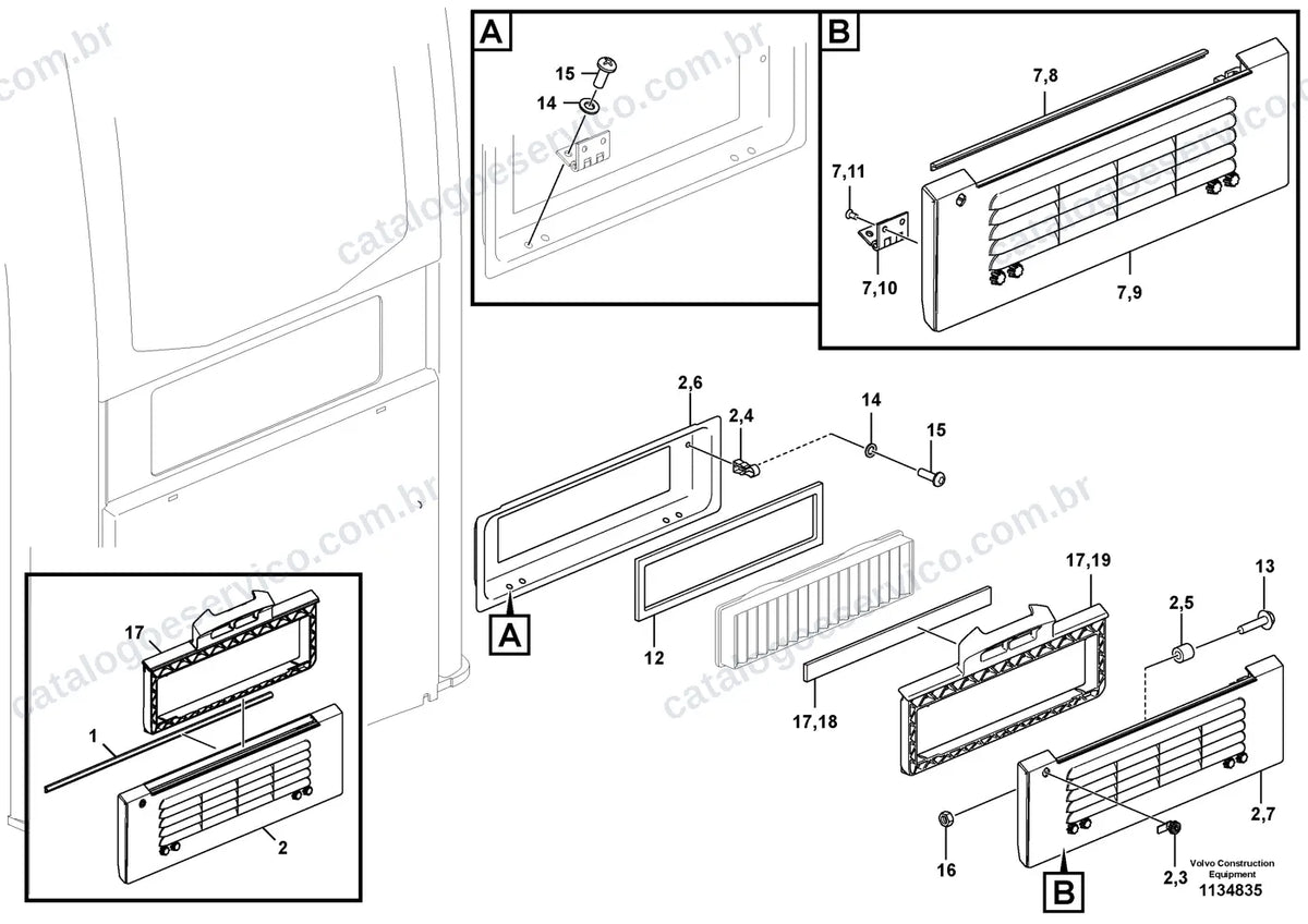 Vista explodida – cabine, carroceria e acessórios – Catálogo de Peças Volvo JEC230F L