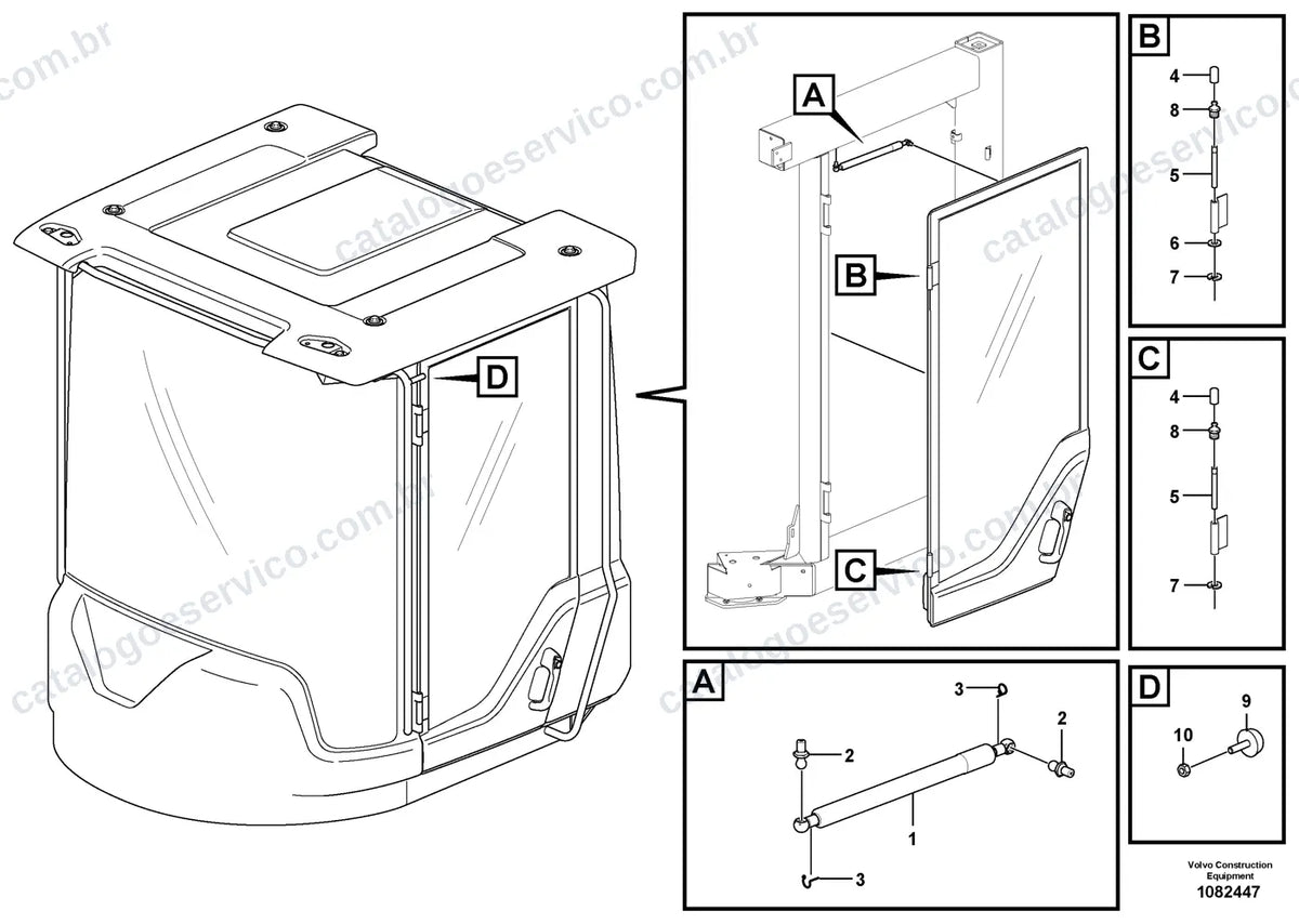Vista explodida – cabine, carroceria e acessórios – Catálogo de Peças Volvo JL120HZ