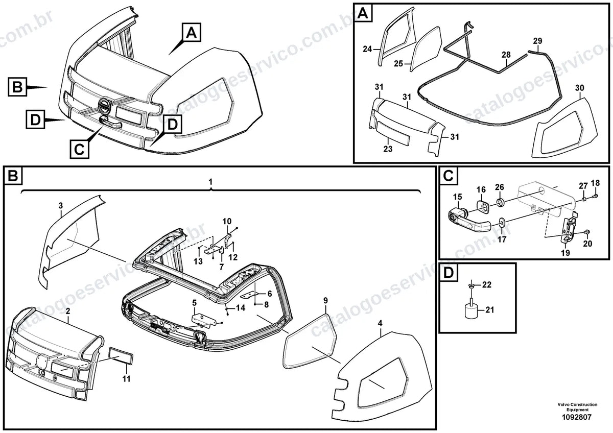 Vista explodida – cabine, carroceria e acessórios – Catálogo de Peças Volvo L25H