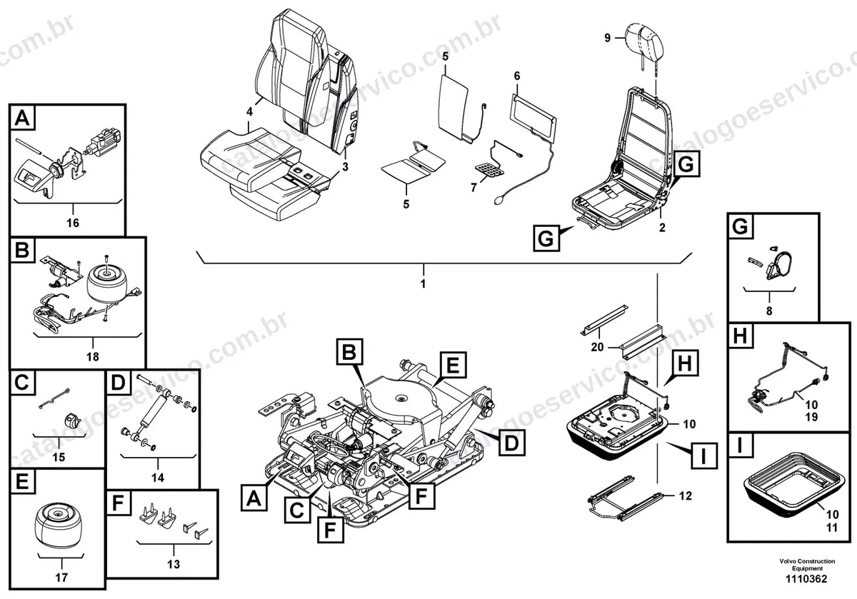 Vista explodida – cabine, carroceria e acessórios – Catálogo de Peças Volvo L350H