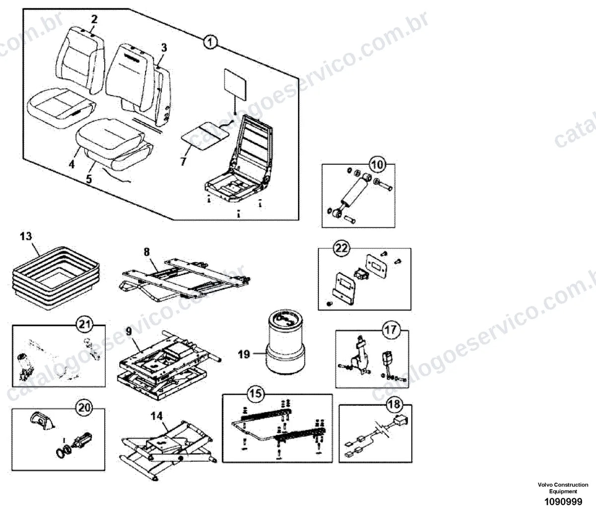 Vista explodida – cabine, carroceria e acessórios – Catálogo de Peças Volvo MC100C