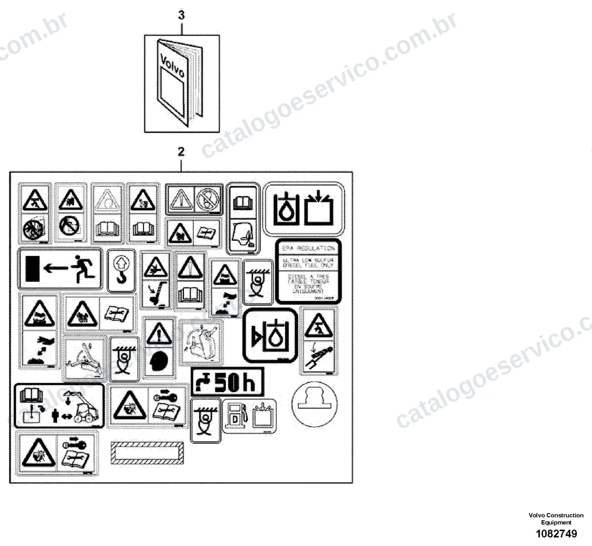 Vista explodida – cabine, carroceria e acessórios – Catálogo de Peças Volvo MCT135D
