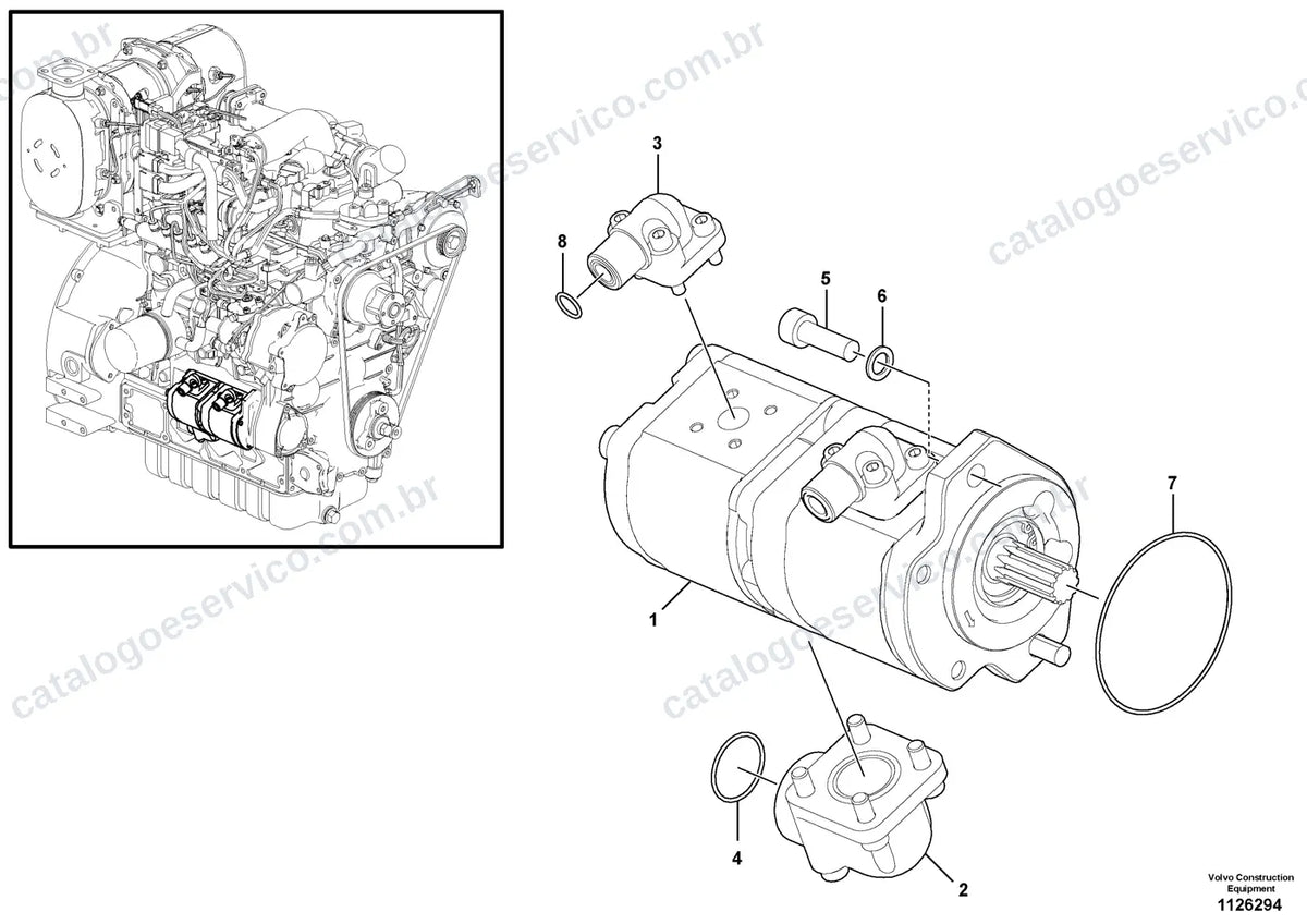 Vista explodida – sistema hidráulico e equipamento de trabalho – Catálogo de Peças Volvo P2820D