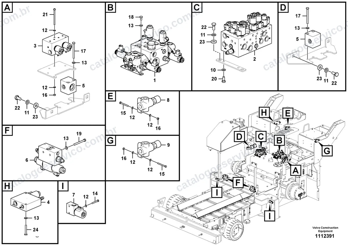 Vista explodida – sistema hidráulico e equipamento de trabalho – Catálogo de Peças Volvo P4370D ABG