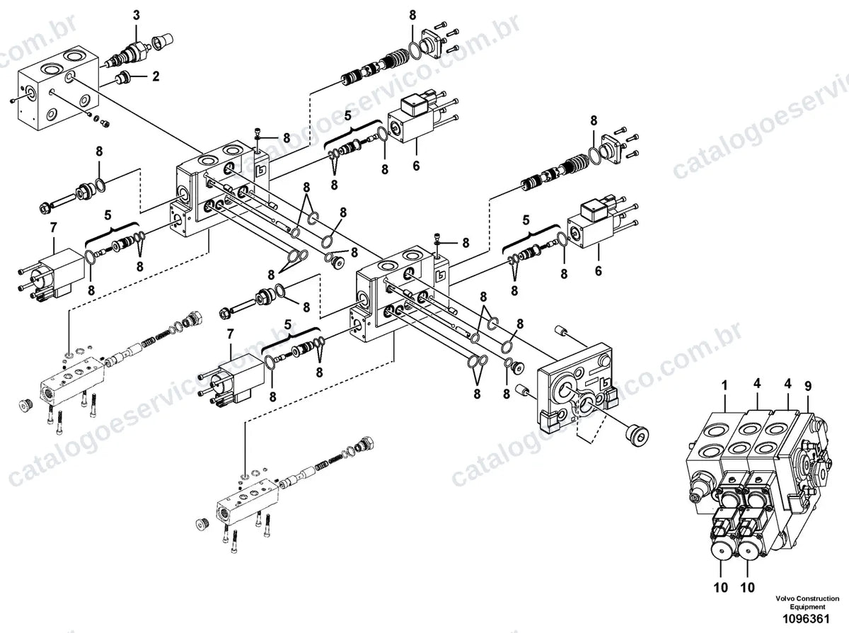 Vista explodida – sistema hidráulico e equipamento de trabalho – Catálogo de Peças Volvo P6720D L e P6720D LC4