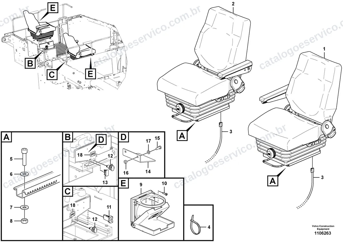 Vista explodida – cabine, carroceria e acessórios – Catálogo de Peças Volvo P8820D (P8820D, L e LC4)