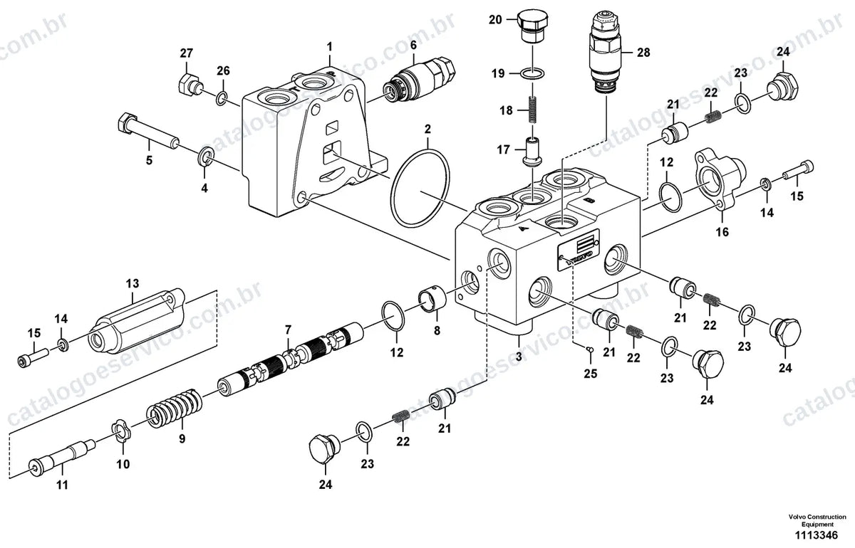 Vista explodida – sistema hidráulico e equipamento de trabalho – Catálogo de Peças Volvo PL3005E