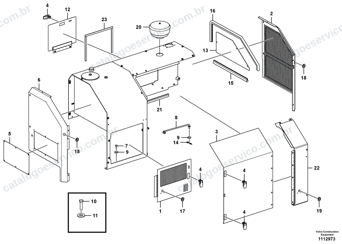 Vista explodida – cabine, carroceria e acessórios – Catálogo de Peças Volvo PT125C2