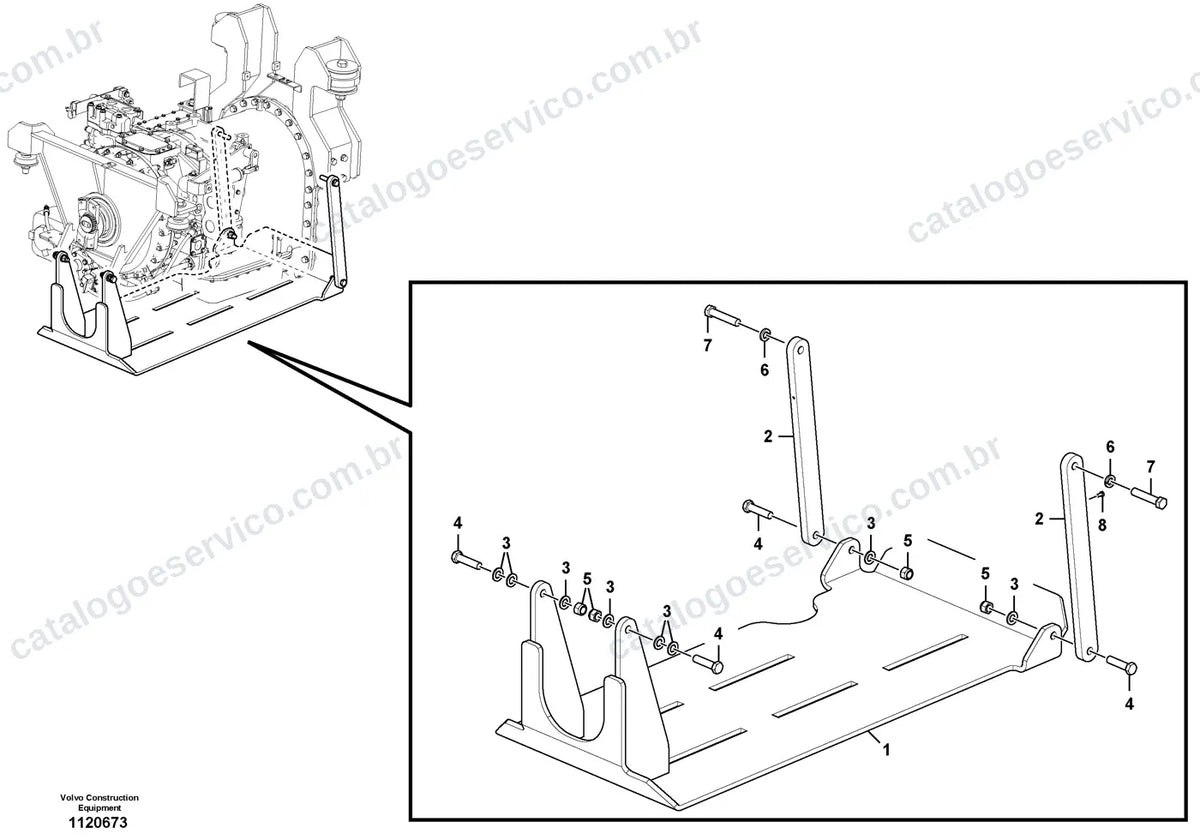 Vista explodida – cabine, carroceria e acessórios – Catálogo de Peças Volvo R60E