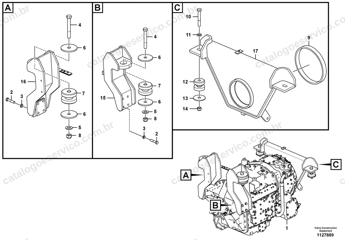 Vista explodida – transmissão de força – Catálogo de Peças Volvo R70E