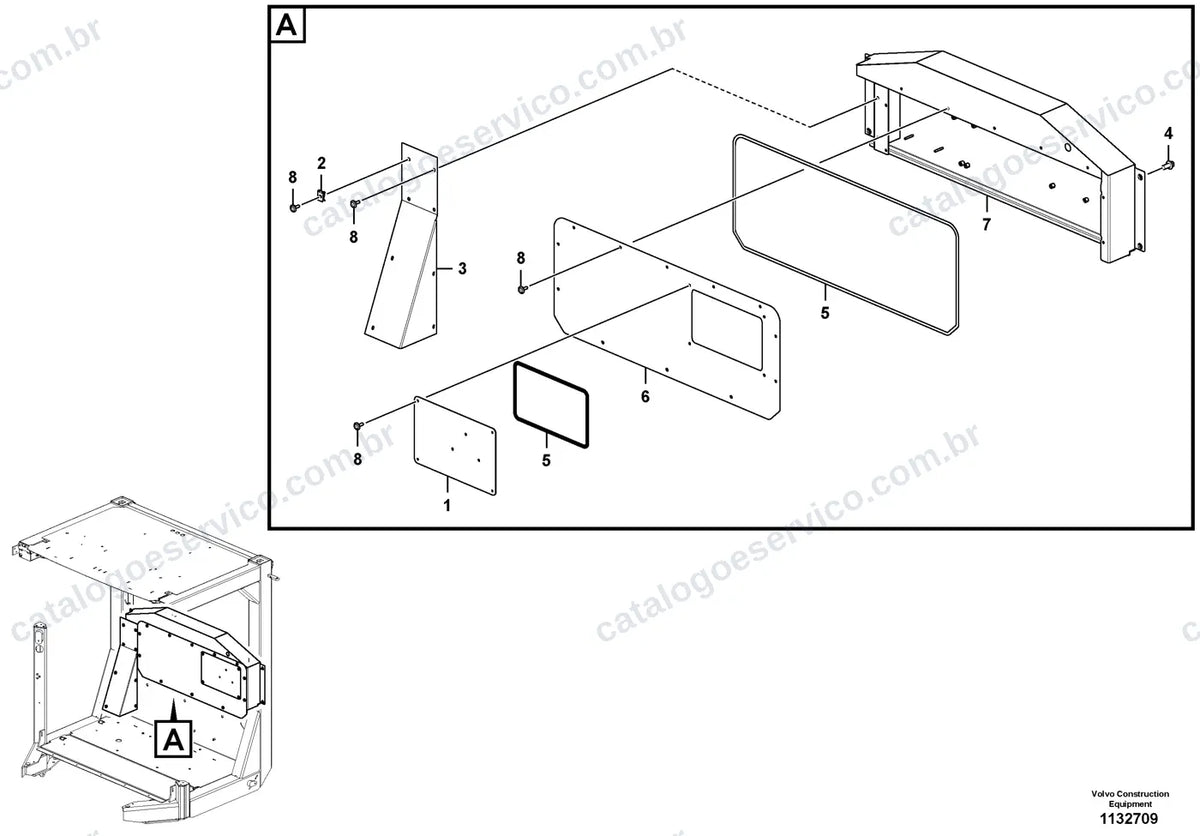 Vista explodida – cabine, carroceria e acessórios – Catálogo de Peças Volvo SD75B2