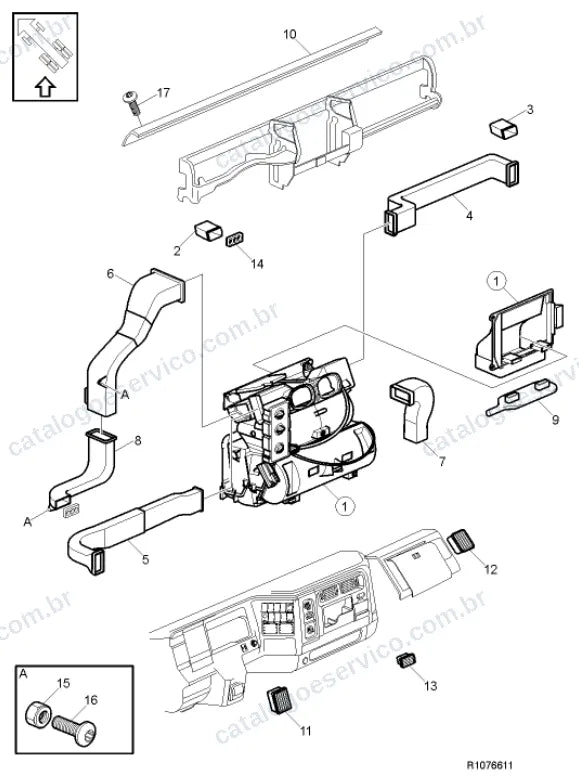 Vista explodida – carroceria, cabina e interior – Catálogo de Peças Volvo VM 206