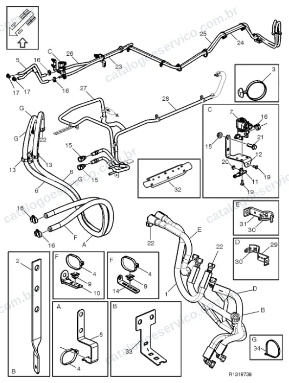 Vista explodida – motor com suporte ou coxim e equipamento – Catálogo de Peças Volvo VM 220