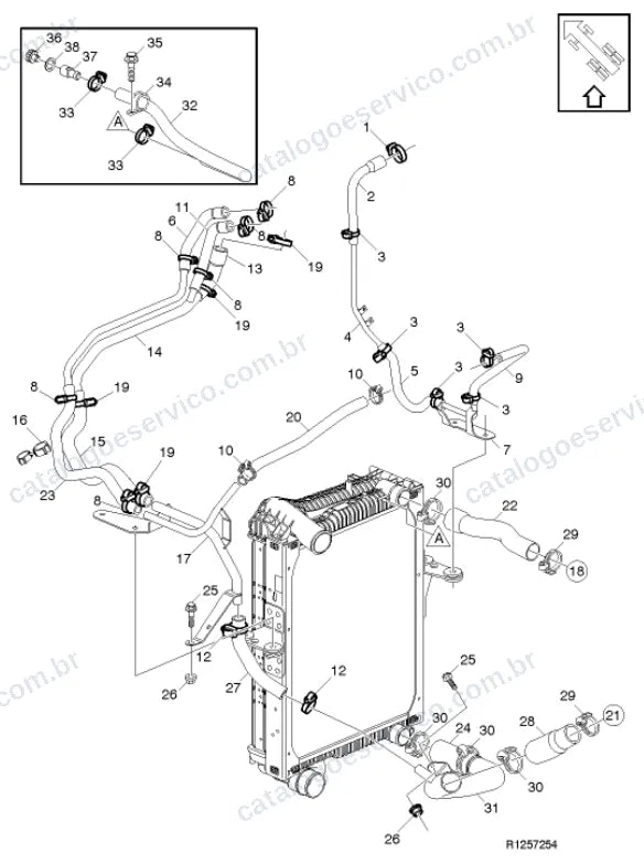 Vista explodida – motor com suporte ou coxim e equipamento – Catálogo de Peças Volvo VM 540
