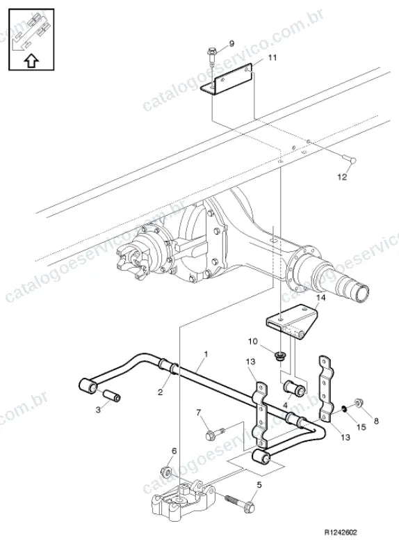 Vista explodida – quadro, molas, amortecedores e rodas – Catálogo de Peças Volvo VM 540