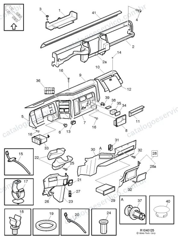 Vista explodida – carroceria, cabina e interior – Catálogo de Peças Volvo VM 540