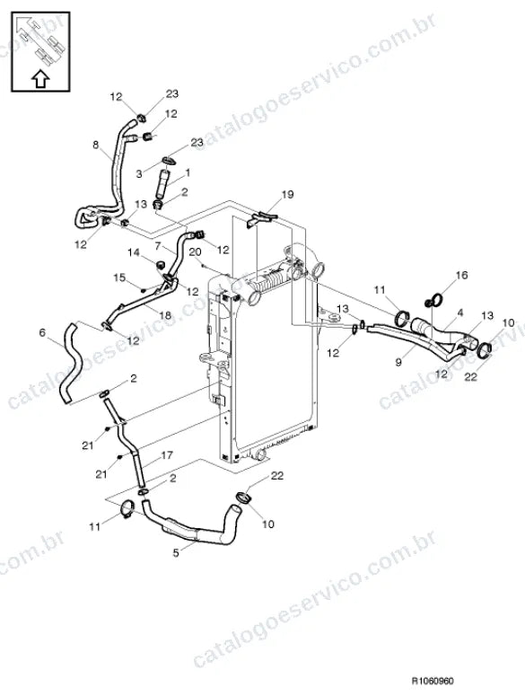 Vista explodida – motor com suporte ou coxim e equipamento – Catálogo de Peças Volvo VM 550