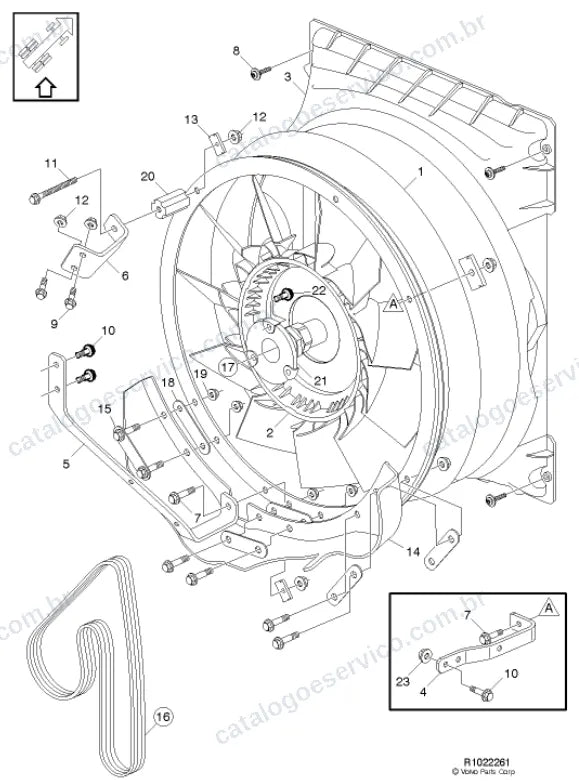 Vista explodida – motor com suporte ou coxim e equipamento – Catálogo de Peças Volvo VM17C62R