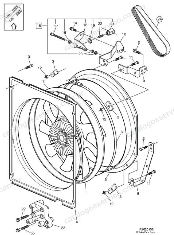 Vista explodida – motor com suporte ou coxim e equipamento – Catálogo de Peças Volvo VM17T42R