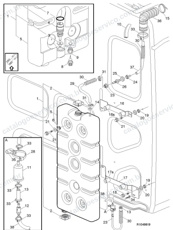 Vista explodida – carroceria, cabina e interior – Catálogo de Peças Volvo VMD7 62R