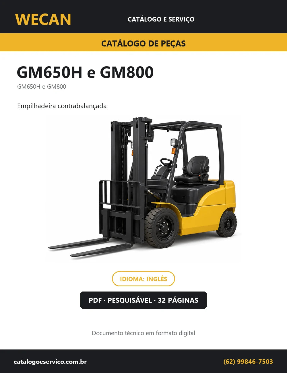 Capa do Catálogo de Peças Wecan GM650H e GM800 — empilhadeira contrabalançada, 32 páginas em PDF