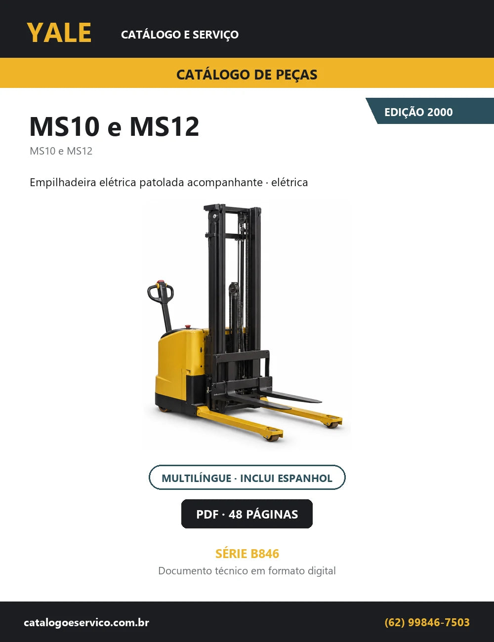 Capa do Catálogo de Peças Yale MS10 e MS12 série B846 — empilhadeira elétrica patolada acompanhante, 48 páginas em PDF