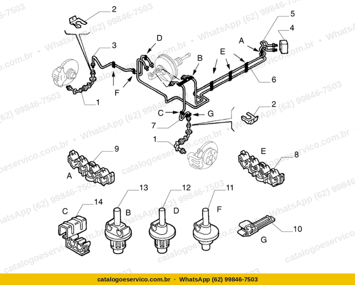 Vista explodida do Catálogo de Peças Alfa Romeo 155: Circuito hidráulico do freio
