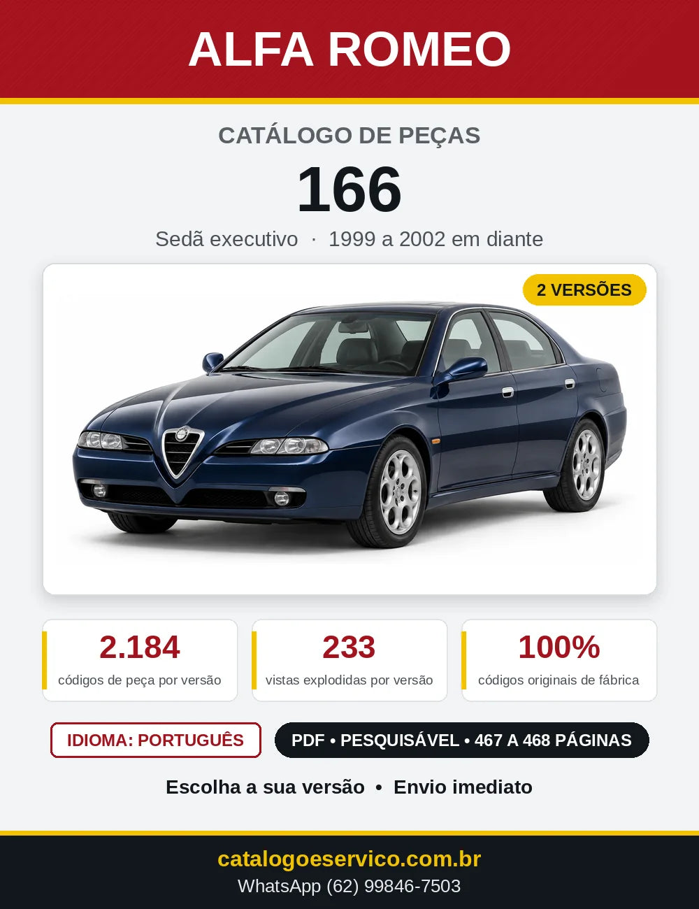 Capa do Catálogo de Peças Alfa Romeo 166 1999 em diante