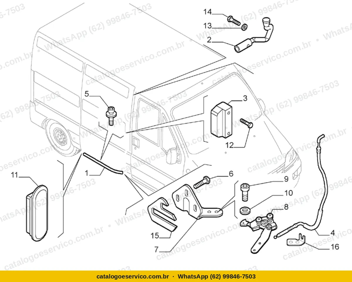 Vista explodida do Catálogo de Peças Fiat Ducato: Fechadura da porta lateral corrediça