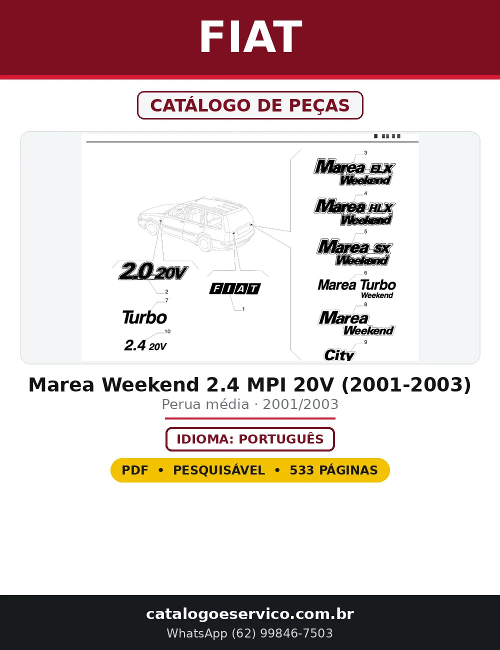 Capa do Catálogo de Peças Fiat Marea Weekend 2.4 MPI 20V (2001-2003) em PDF com 533 páginas